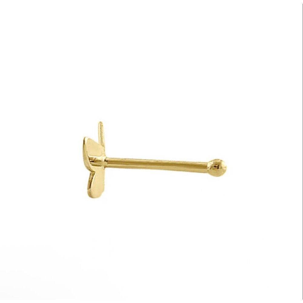 Solid 14K Yellow Gold Tiny Butterfly Straight Nose Stud Boho New - Picture 2 of 3